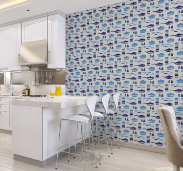 Blauw keukengerei patroon keuken behang - TenStickers