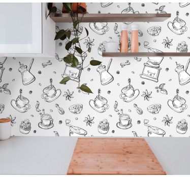 Schets van koffiemotief keuken behang - TenStickers