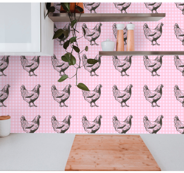 Behang keuken Roze en witte vierkanten met hanen - TenStickers
