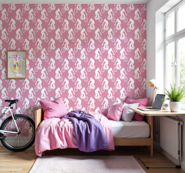 Wit fietserspatroon behang roze - TenStickers