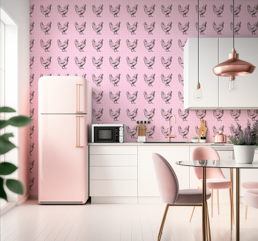 Behang keuken Roze en witte vierkanten met hanen - TenStickers