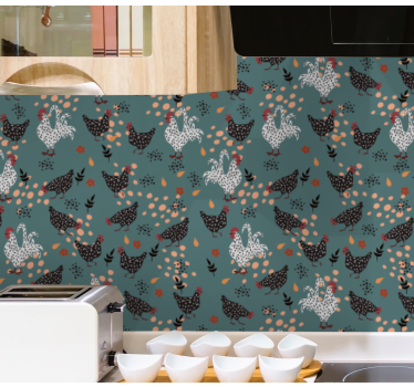 Behang keuken Zwart-witte kippen met bloemen - TenStickers