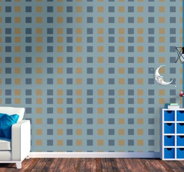 Blauw behang met blauwen en gouden vierkantjes - TenStickers