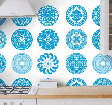 Blauwe cirkelvormige ontwerpen keuken behang - TenStickers