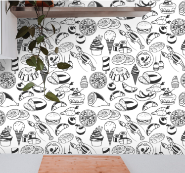 Zwart-wit voedselpatroon keuken behang - TenStickers