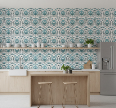 Keuken behang blauw volkskunstpatroon met vogels - TenStickers
