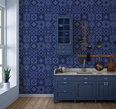 Marineblauwe tegels keuken behang - TenStickers