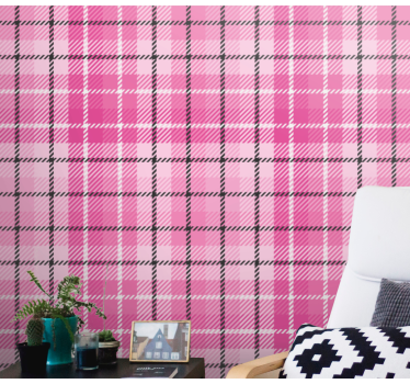 Roze tartanpatroon behang vierkant - TenStickers